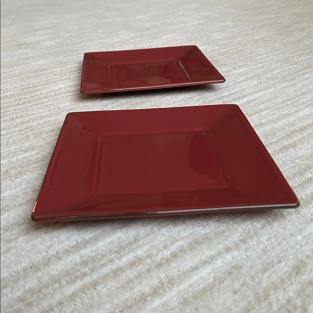 Set of 2 POTTERY BARN CHINA Salad Appetizer Plates Asian Square Paprika (Red) 8”